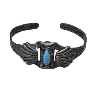 Vintage Navajo Child Sterling Silver Turquoise Cuff Bracelet Engraved Feather